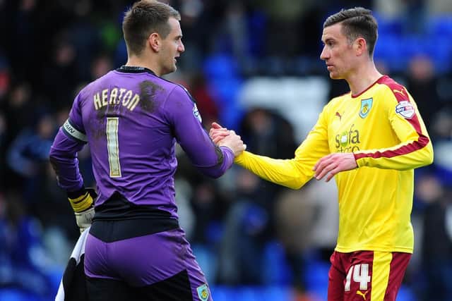 Tom Heaton celebrates with David Jones during the Sky Bet Championship match between Birmingham City and Burnley at St Andrews Stadium on April 16, 2016. (Photo by Harry Trump/Getty Images)