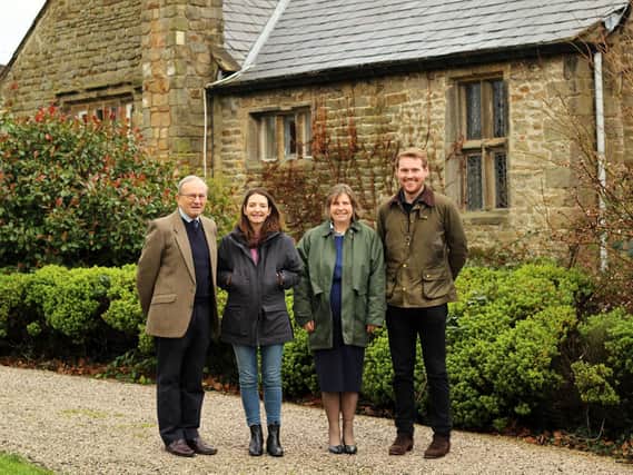 Catherine (third from left) with husband Andrew, son Francis and daughter-in-law Faye pictured otuside Dutton Hall (photo: Laura Nutter)