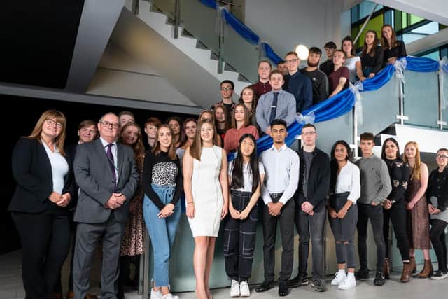 Burnley College Sixth Form Centre principal Karen Buchanan (far left) with other staff at students at the 2019 Awards for Excellence event. (photo by Richard Tymon)