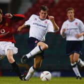 David Jones of Manchester United attempts to tackle Andrew Taylor of Middlesbrough during the FA Youth Cup Final, second leg match between Manchester United and Middlesbrough on April 25, 2003. (Photo by Laurence Griffiths/Getty Images)