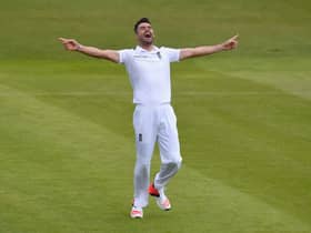James Anderson of England celebrates after dismissing New Zealand batsman Martin Guptill to claim his 400 th test match wicket during day one of the 2nd Investec test match between England and New Zealand at Headingley on May 29, 2015