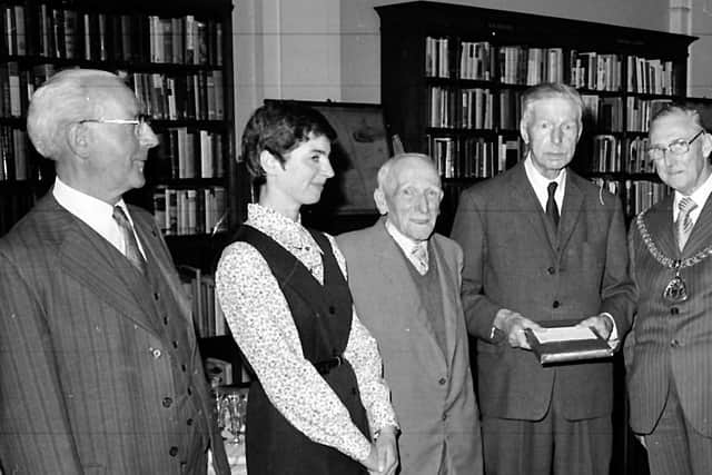 Burnleys two greatest historians, Mr. Walter Bennett (third from left) and Mr.
Ralph Cross with the Mayor and Mayoress (right) and historical society chairman (Mr. J. O. B. Illingworth and Miss. Jean Syddall, reference librarian.