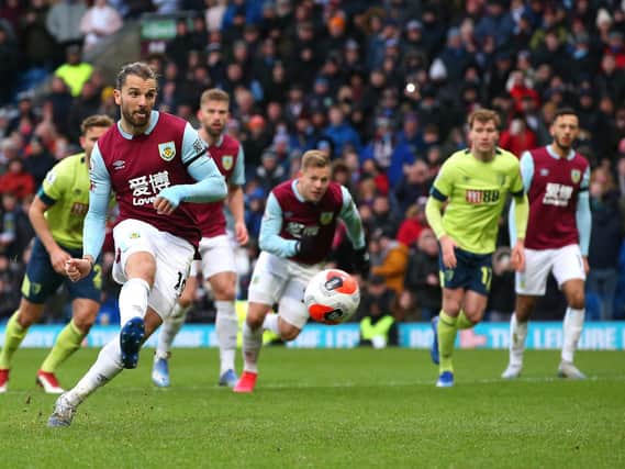 Jay Rodriguez of Burnley scores his team's second goal from the penalty spot during the Premier League match between Burnley FC and AFC Bournemouth at Turf Moor on February 22, 2020 in Burnley, United Kingdom. (Photo by Alex Livesey/Getty Images)