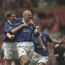 Sean Dyche of Chesterfield receives the congratulations for his goal during the FA Cup Semi-Final against Middlesbrough at Old Trafford in Manchester, England. The game was drawn 3-3. Credit: Clive Brunskill /Allsport