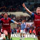 David Eyres and Gary Parkinson celebrate the winner against Stockport County in the 1994 Division Two play-off final at Wembley.