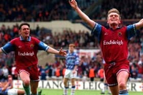 David Eyres and Gary Parkinson celebrate the winner against Stockport County in the 1994 Division Two play-off final at Wembley.