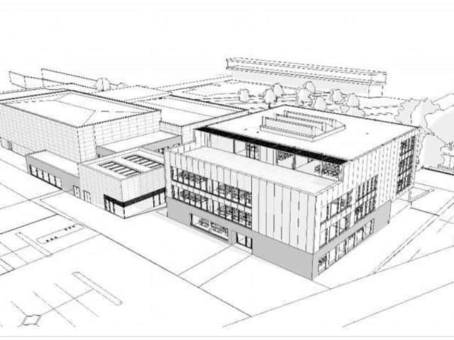 How the four-storey teaching block will look next to the sports hall extension