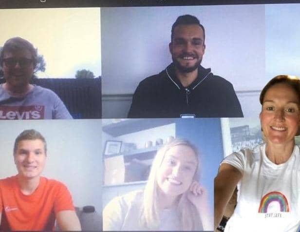 Catching up 'virtually'on their challenge are colleagues Tom Ryland (top left) Andrew Hill (top right) William Oddy (bottom left) Heather Davies and Heather Windle.