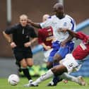 Kevin Campbell of Everton battles for the ball with Frank Sinclair of Burnley during the Pre Season Friendly match between Burnley and Everton at Turfmoor on July 22, 2004 in Rotherham, England. (Photo by Laurence Griffiths/Getty Images)