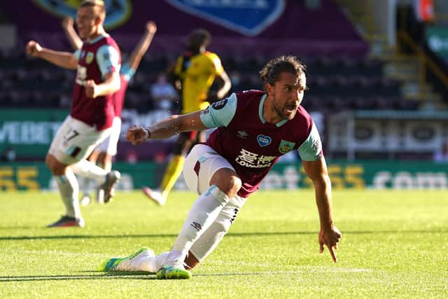 Jay Rodriguez of Burnley celebrates after scoring his sides first goal during the Premier League match between Burnley FC and Watford FC at Turf Moor on June 25, 2020 in Burnley, United Kingdom. (Photo by Jon Super/Pool via Getty Images)