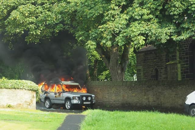 This photograph shows the Land Rover well alight in Worsthorne on Friday evening