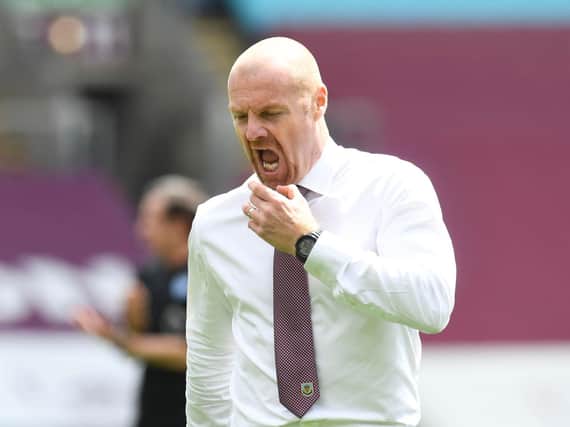 Sean Dyche, Manager of Burnley reacts during the Premier League match between Burnley FC and Sheffield United at Turf Moor on July 05, 2020 in Burnley, England. (Photo by Peter Powell/Pool via Getty Images)