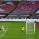 Tomas Soucek of West Ham United has a shot saved during the Premier League match between West Ham United and Burnley FC at London Stadium on July 08, 2020 in London, England. (Photo by Richard Heathcote/Getty Images)