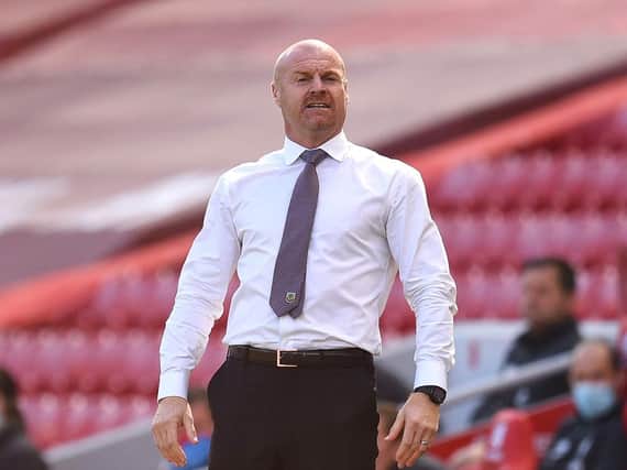 Sean Dyche, Manager of Burnley looks on during the Premier League match between Liverpool FC and Burnley FC at Anfield on July 11, 2020 in Liverpool, England. (Photo by Oli Scarff/Pool via Getty Images)