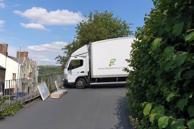 Lorry stuck on Painter Wood. Picture by Ribble Valley Police