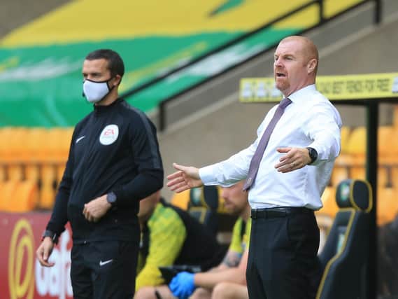 Sean Dyche, Manager of Burnley reacts during the Premier League match between Norwich City and Burnley FC at Carrow Road on July 18, 2020 in Norwich, England. (Photo by Lindsey Parnaby/Pool via Getty Images)