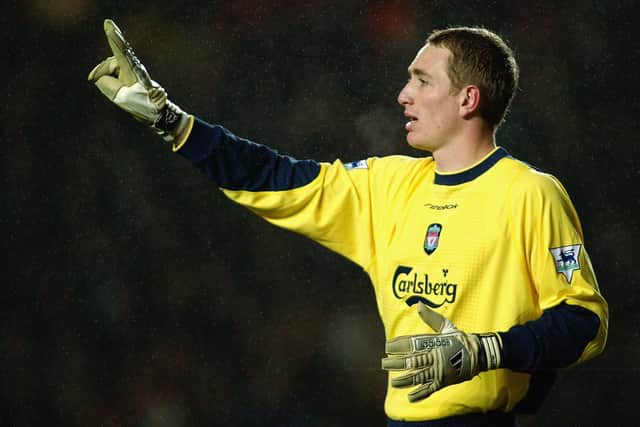 Chris Kirkland of Liverpool signals to his team mates during the FA Barclaycard Premiership match between Southampton and Liverpool held on January 18, 2003 at St Marys Stadium in Southampton in England. Liverpool won the match 1-0. (Photo By Mike Hewitt/Getty Images)