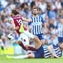 Shane Duffy of Brighton & Hove Albion battles ofr the ball with Jay Rodriguez of Burnley during the Premier League match between Brighton & Hove Albion and Burnley FC at American Express Community Stadium on September 14, 2019 in Brighton, United Kingdom. (Photo by Dan Istitene/Getty Images)
