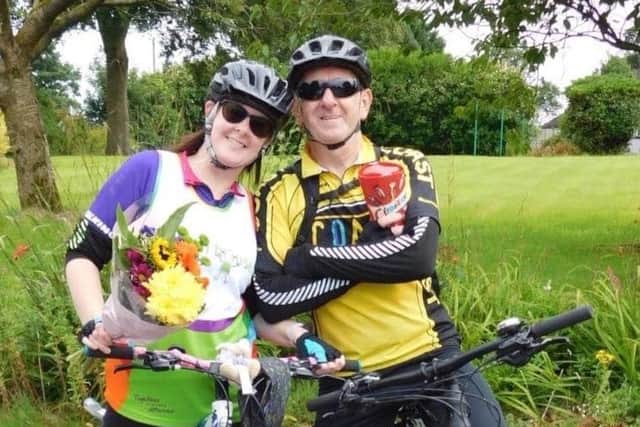 Cathryn Kelly, who completed a charity bike ride from Blackpool to Padiham, with her husband Roy who was her mentor, trainer and fellow rider