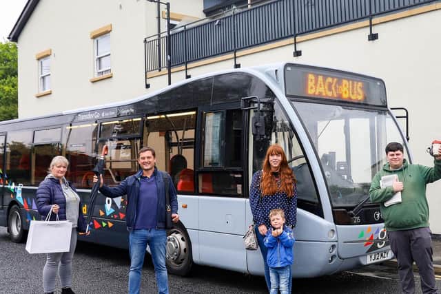 Four typical customers, representing a shopper, commuter, family and student celebrate getting back to the bus as Lancashire bus operator The Burnley Bus Company unveils a poll of its customers