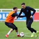 Dwight McNeil of England in action as Kyle Walker of England looks on during an England training session during an England Media Access day at St Georges Park on March 19, 2019 in Burton-upon-Trent, England. (Photo by Matthew Lewis/Getty Images)