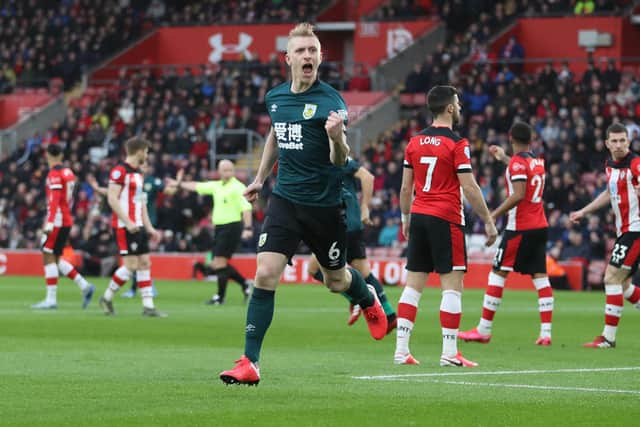 Ben Mee of Burnley celebrates after scoring his team's first goal during the Premier League match between Southampton FC and Burnley FC at St Mary's Stadium on February 15, 2020 in Southampton, United Kingdom. (Photo by Naomi Baker/Getty Images)