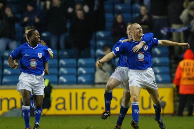 Sean Dyche of Millwall celebrates scoring a goal during the Nationwide League Division One match between Millwall and Birmingham City at the New Den, London. DIGITAL IMAGE. Mandatory Credit: Phil Cole/Getty Images