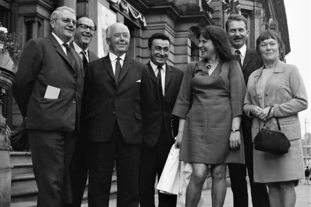 A civil delegation from Vitry arrived on Friday, 25th September 1970, during French Week to a civic reception at Burnley town hall after being met at Ringway Airport by the Mayor of Burnley, Ald. E. J. Willis. The delegation is Couns. MM M. Bonnett and M. Dacatti, Mlle D. Damiano (director of housing), and M. R. Gandilhon (a member of the Twinning Committee).