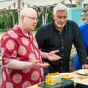 Matt Lucas (left) with judges Prue Leith and Paul Hollywood in Bake-Off