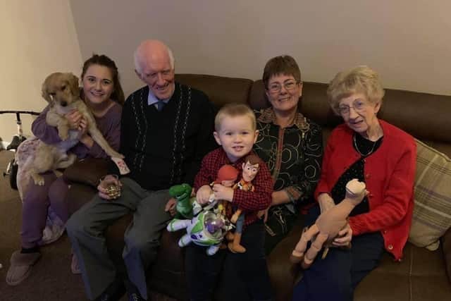 Ronald and Dorothy with her daughter Janet, granddaughter Sarah and great grandson Harrison.