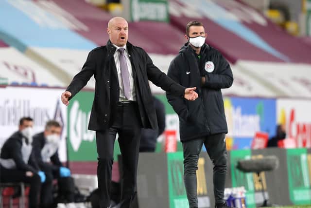 Sean Dyche, Manager of Burnley reacts during the Premier League match between Burnley and Southampton at Turf Moor on September 26, 2020 in Burnley, England.