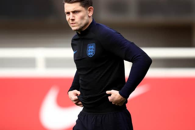 James Tarkowski of England during a training session ahead of their European Championship Qualification match against Montenegro at St Georges Park on March 23, 2019 in Burton-upon-Trent, England.