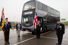 Pictured with one of the Burnley Bus Company’s buses displaying its own poppy are (from left to right) Royal British Legion Burnley and Padiham branch standard bearer Richard Fletcher; Burnley Poppy Appeal organiser Frank Gallagher; Padiham Poppy Appeal organiser and Mayor of Padiham Vince Pridden; and branch Chairman Billy Allott