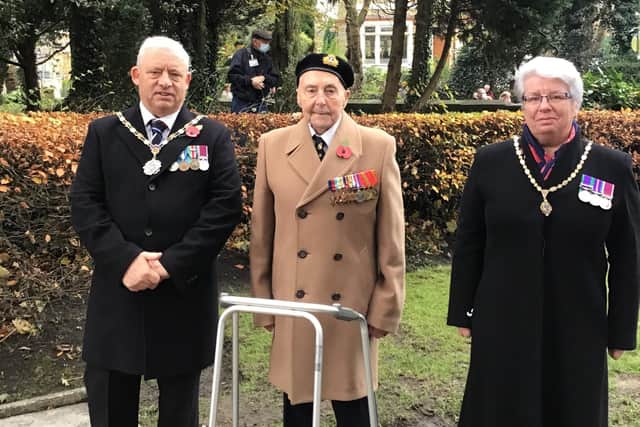 Veteran Jim Bates at the Remembrance Sunday ceremony with the Mayor and Mayoress of Padiham Coun. Vince Pridden and his wife Gillian. (photo by Char Taylor)