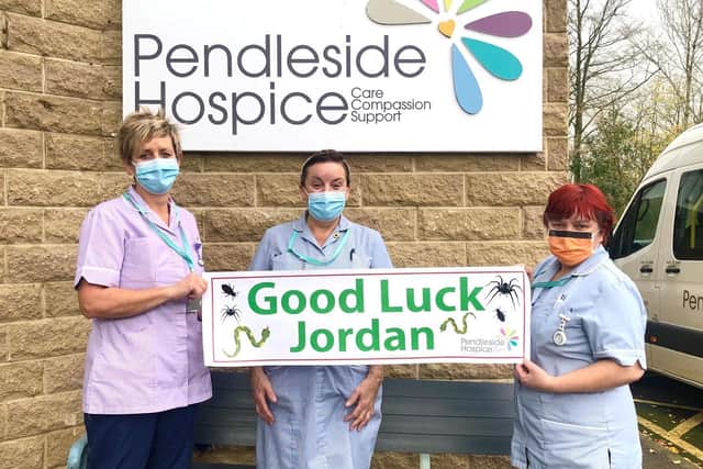 Snakes and spiders adorn the 'good luck' poster staff at Pendleside Hospice made for their ambassador Jordan North as he competes in TV reality show 'I'm A Celebrity..'