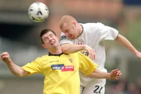 Sean Dyche, in his Millwall days, beats former Claret Alan Lee in the air