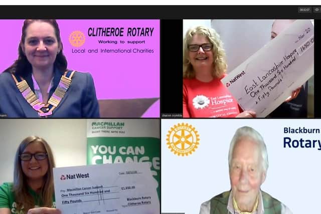 Pictured the first Zoom cheque presentation with Lisa and Sharon together with Clitheroe and Blackburn Rotary Presidents, Jenni Schumann and David Wotherspoon.