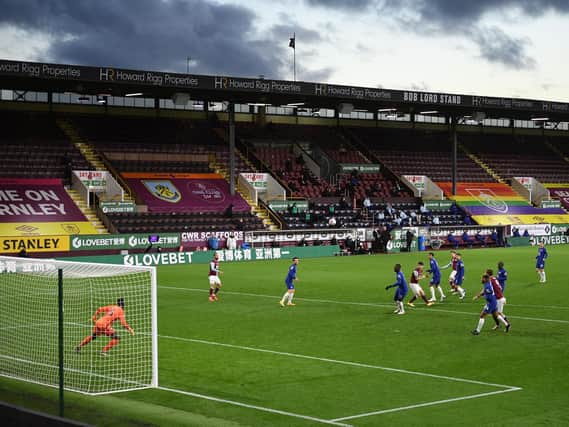 A general view shows the English Premier League football match between Burnley and Chelsea at Turf Moor in Burnley, north west England on October 31, 2020.