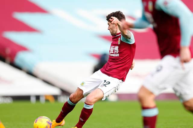 Burnley's Irish midfielder Robbie Brady scores the opening goal during the English Premier League football match between Burnley and Everton at Turf Moor in Burnley, north west England on December 5, 2020.