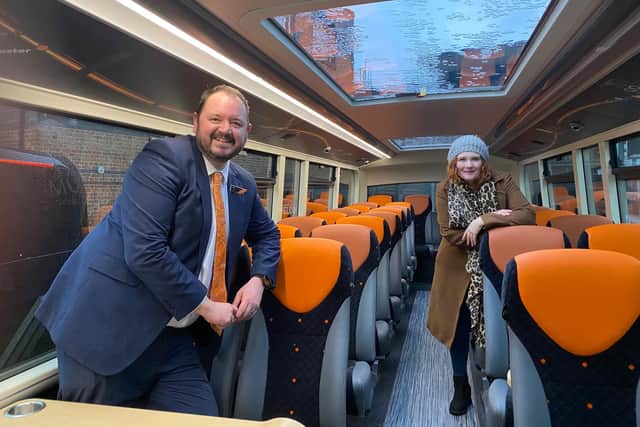 Transdev's Alex Hornby with TV soap star Jennie McAlpine on-board one of the new £3.8m. Witchway buses which take to the road between Burnley and Manchester from this Sunday