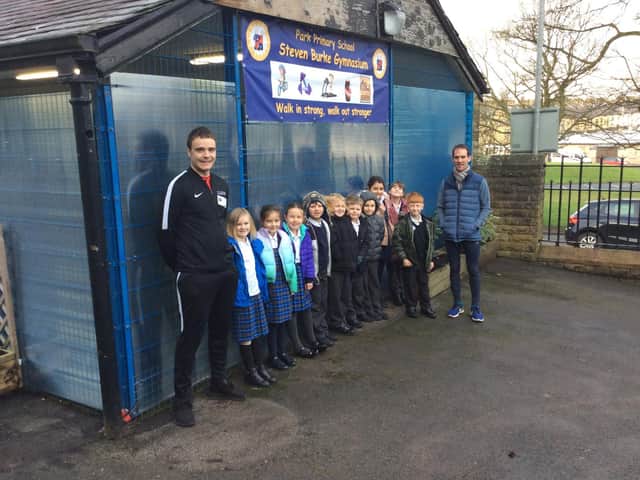 Olympic cyclist Steven Burke opens a new outdoor gym at his old school, Park Primary in Colne