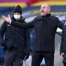 Sean Dyche, Manager of Burnley reacts during the Premier League match between Leeds United and Burnley at Elland Road on December 27, 2020 in Leeds, England.