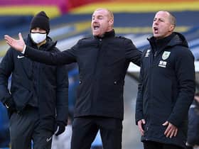 Sean Dyche, Manager of Burnley reacts during the Premier League match between Leeds United and Burnley at Elland Road on December 27, 2020 in Leeds, England.