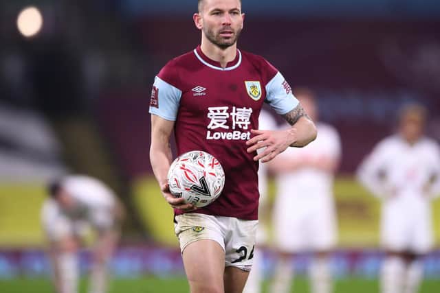 Phil Bardsley of Burnley walks up and prepares to take a penalty in the shoot out during the FA Cup Third Round match between Burnley and Milton Keynes Dons at Turf Moor on January 09, 2021 in Burnley, England.