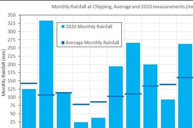 Extract from chart prepared by Muriel's son Martin showing the rainfall readings for 2020, compared with the average rainfall recorded during the 50 plus years the family has been keeping rainfall records.