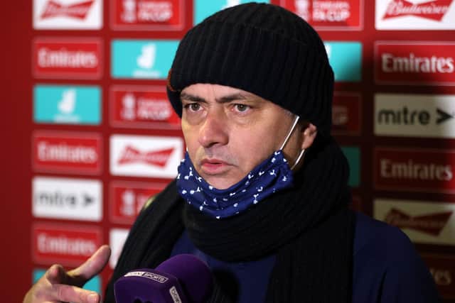 Tottenham Hotspur's Portuguese head coach Jose Mourinho gives a post-match interview after the English FA Cup third round football match between Marine and Tottenham Hotspur at Rossett Park ground in Crosby, north west England, on January 10, 2021.