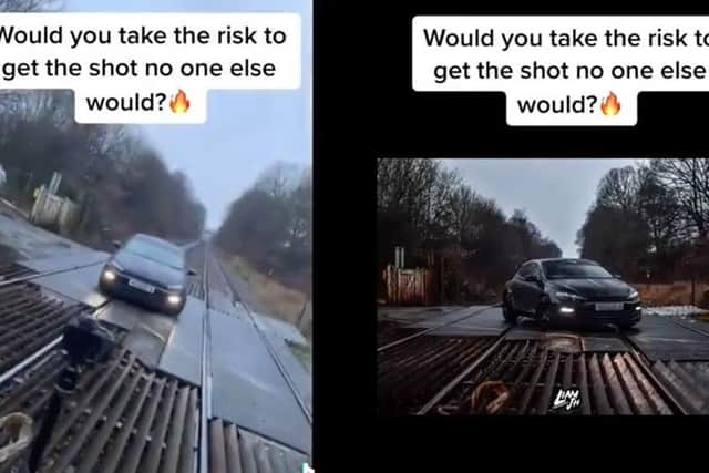 The terrifying footage shows a car parked in the middle of the tracks at The Oaks level crossing in Bromley Cross.