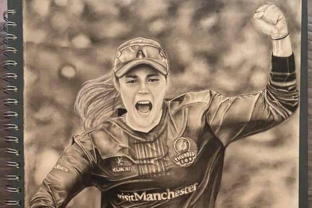 Demi's drawing of ex  England cricketer Alex Hartley who is now captain of North West Thunder