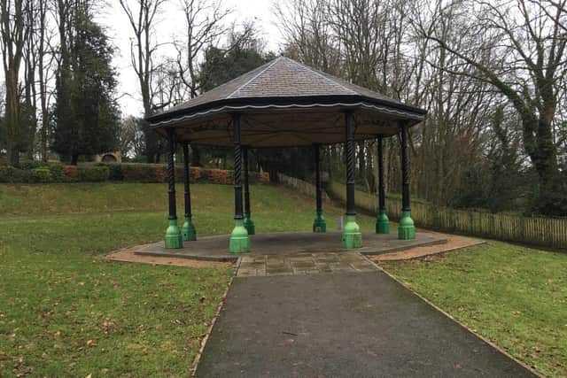 Padiham Memorial Park's bandstand which has been damaged after yobs lit a fire there.