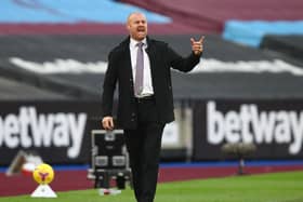 Sean Dyche, Manager of Burnley gives his team instructions during the Premier League match between West Ham United and Burnley at London Stadium on January 16, 2021 in London, England.